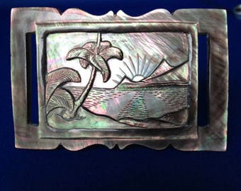 Carved Abalone Shell Buckle Brooch 1950s