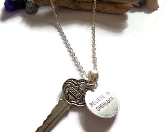 221b key necklace, believe in sherlock, sherlock necklace, sherlock holmes, fan jewellery, sherlock fan gift, sherlock 221b, fan gift,