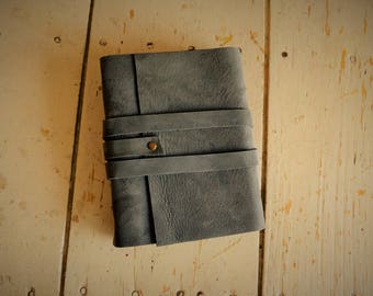 Small blank leather bound journal, portfolio, sketchbook, notebook, bible study journal strap closure