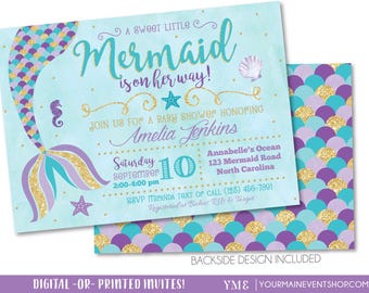 Mermaid Baby Shower Invitation, Little Mermaid Invite, Under The Sea Baby Shower Invitations, Nautical