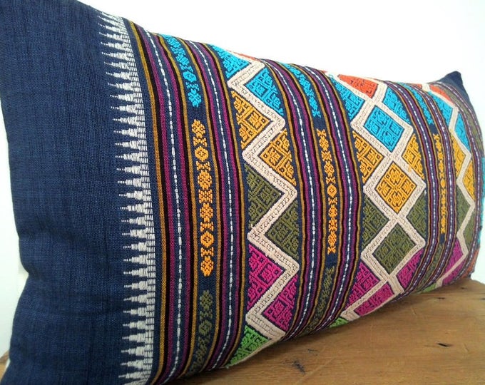 14"x28" Hand Woven Indigo Ikat Cotton Pillow Cover/Handmade Laos Geometric Pattern Ethnic Pillow / Tribal Decorative Pillow / Boho Decor