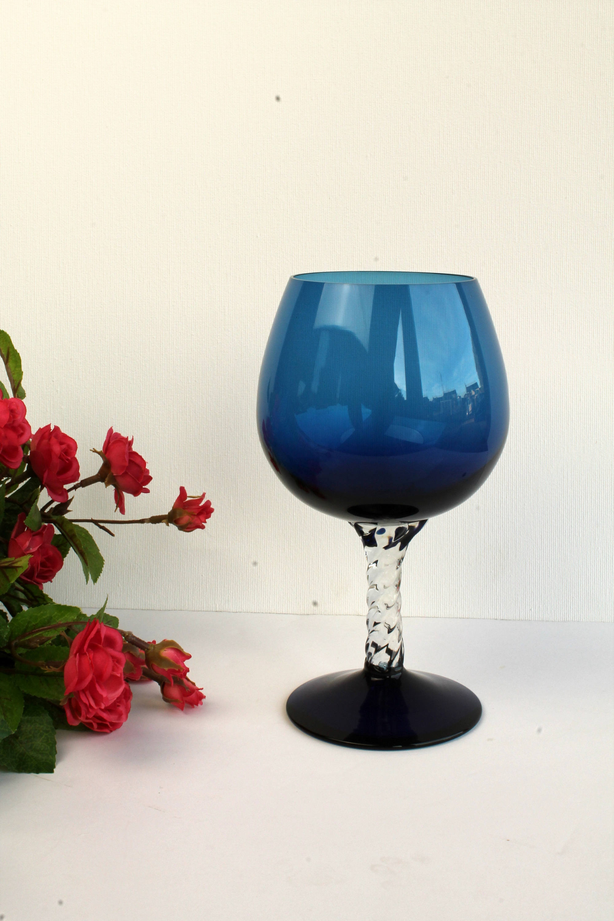 Cobalt Blue Art Glass Goblet Balloon Vase Retro Wineglass
