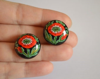 Red|and|black paint earrings stud Wooden jewelry Valentines gifts|for|her Gift ideas Jewelry stores Womens gift Boho earrings wooden studs
