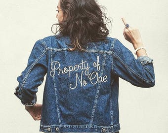 Embroidered Denim Jacket | Made to Order | Vintage | Oversized | Property of No One | 70s | 80s | Girlboss | Feminist | Eco Fashion