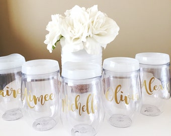 Stemless Wine Tumbler, Personalized with Name, Bridesmaid Bride Gift Bachelorette With Lid and Straw