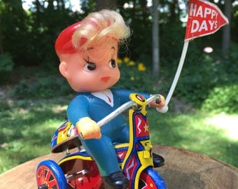 MTU Happy Days Tin Wind Up Toy 1960s Balloon Bicycle Korea