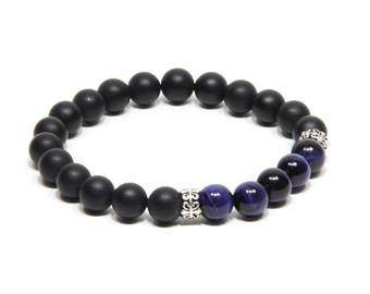 Cadeau copin Cadeau copine agate noir oeil de tigre bleue perles argent 925 Bracelet pour hommes