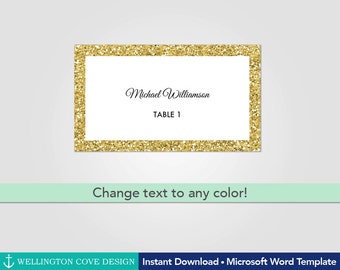 Gold Glitter Wedding Place Cards Template for Microsoft Word • Gatsby New Years Eve Printable • Instant Download • Flat Folded Food Labels