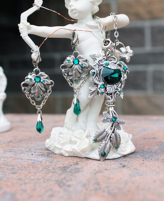 Fantasy dragonfly swarovski emerald green key necklace and earrings by DreamCloudJewelry steampunk buy now online