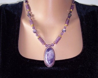 Amethyst necklace Purple necklace Wife gift Beaded necklace Gift for women Boho necklace Embroidered necklace For her gifts Gift for grandma
