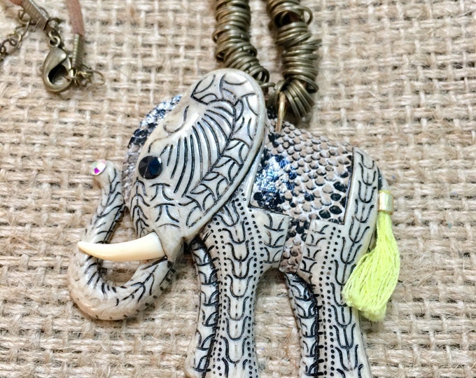 Elephant Necklace, Tribal Necklace. Leather Necklace, Neon Tassel Jewelry, Tribal Jewelry, Western Jewelry, Large Elephant, Festival Jewelry