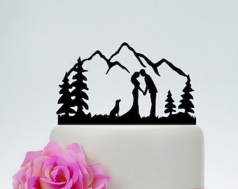 Outdoor Wedding Cake Topper,Bride and Groom, Dog Cake Topper,Custom Mountain Cake Topper,Personalized Cake Topper,Tree Cake Topper C172