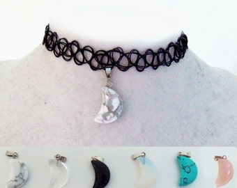 Moon crystal choker, crystal moon necklace, tattoo choker with moon charm, crystal moon tattoo choker necklace, henna choker, grunge jewelry