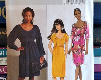 2008 Butterick Pattern # 5278-DRESS-Pullover-Below Mid-Knee-Front & Neck Bands-Sleeve Variations-Size 16-22-Bust 38-44-UNCUT