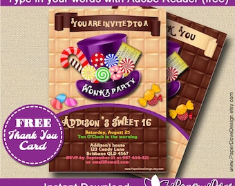 Inspired Willy Wonka Invitation 5x7" | Wonka Party | Chocolate -You EDIT with Adobe Reader & PRINT- Instant Download- DIY- Paper Dove