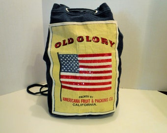 RETRO Denim Drawstring Backpack, Old Glory Backpack, Blue Jean Cinch Bag Backpack, Drawstring Bag, American Fruit & Packing Co. California