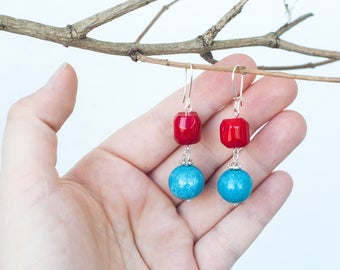 Red bamboo coral earrings, Red blue earrings, Blue and red earrings, Red coral dangle earrings, Red coral earrings