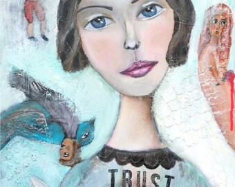 modern original painting, inspired by Chagall, acrylic painting, oil painting, modern art, figurative painting, portrait, trust, typography