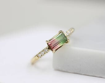 14k solid gold watermelon tourmaline ring engagement ring anniversary ring
