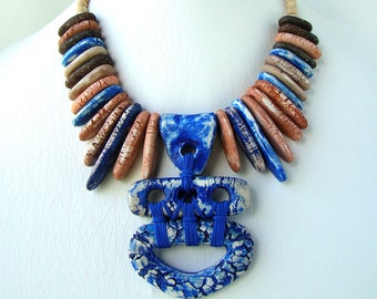 Colorful Bib Necklace, Bright Big Necklace, Blue Pendant Necklace, Multicolor Necklace, Pink Unusual Necklace, Unique Handmade Necklace