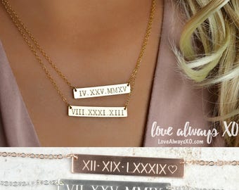 Roman Numeral Necklace, Custom Bar Necklace, Date Necklace, Birthday Gift, Gold Bar Necklace, Wedding date, anniversary date
