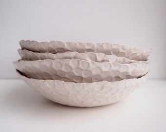 Handmade white ceramic serving bowl circle texture, white pottery bowl, white ceramic serving bowl, white ceramic salad bowl, white pottery