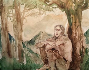 Pondering Faun Original Artwork Mythical Creatures Satyr Pan Forest God Laughing Thinking the Labyrinth Horns Ears Legs Antique Style Ink