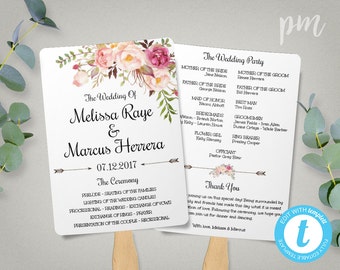 Wedding Program Fan Template, Bohemian Floral, Instant Download, DIY Wedding Program Template, Boho Flowers Wedding Ceremony Program