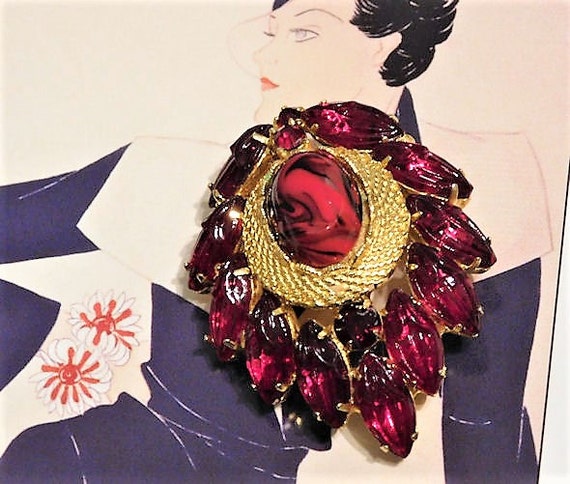Mid Century Brooch Red Rhinestone Brooch Molded Slag Glass Art Glass Brooch 1960s 60s Fashion Jewelry Hollywood Fruit Salad Brooch