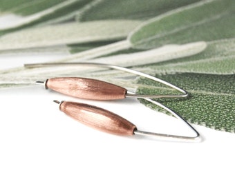 Copper and Silver Earrings, Mixed Metal Open Hoops, Copper Earrings,Leaf Shaped Earrings Mixed Metal Earrings,Two Tone Earrings,Gift for Her