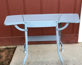 Vintage Gray Metal Typewriter Table with Leaves Rolling Bar Cart Side or Media Table Industrial