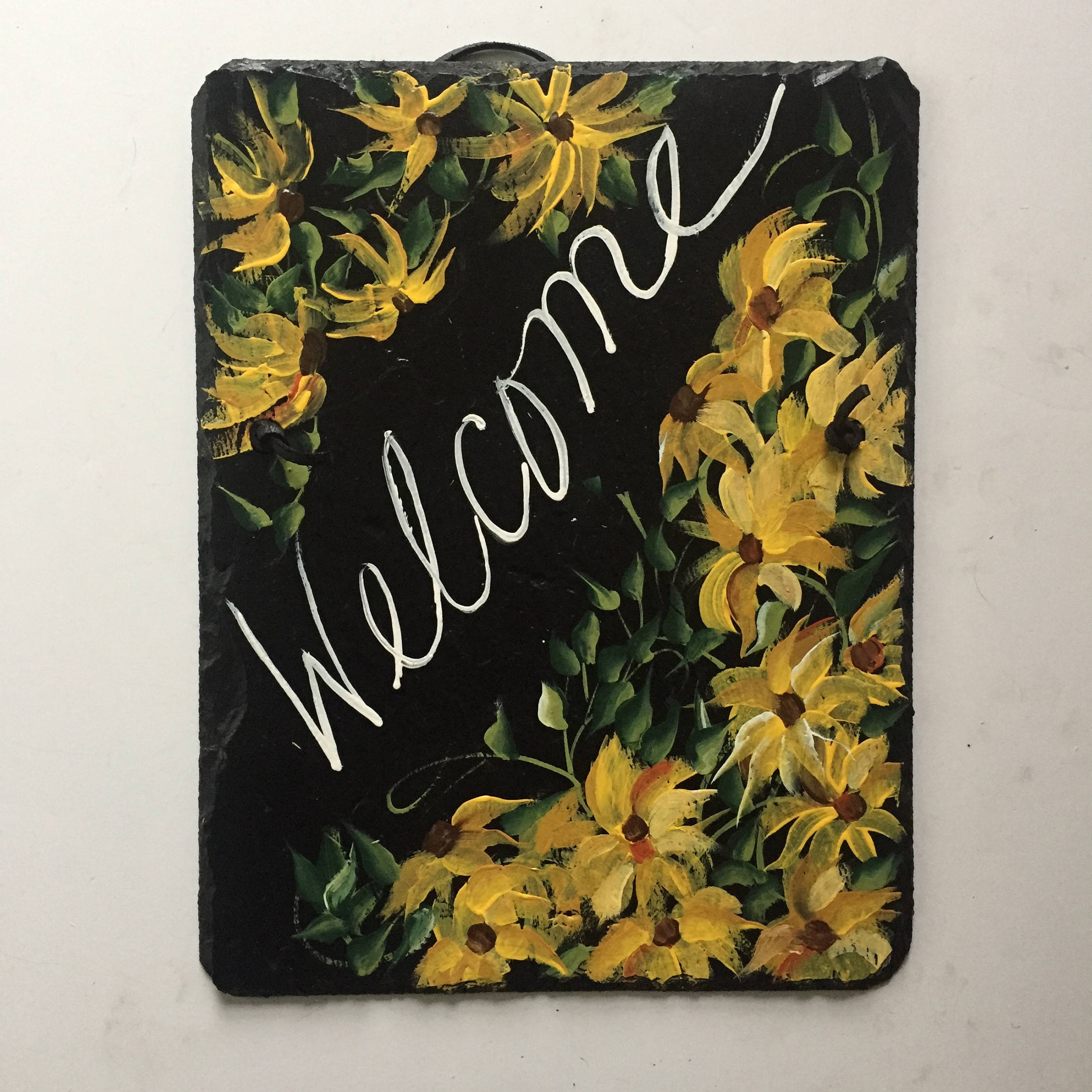 yellow daisies slate welcome sign, 12 x 9 painted slate, door yellow daisies slate welcome sign, 12 x 9 painted slate, door