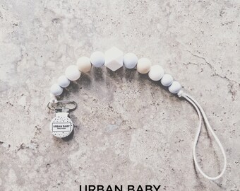 Pacifier Clip, Silicone Pacifier Clip, Teether, Silicone Beads, Food Grade, Chewelry, Mia, Powder Blue, Beige, White