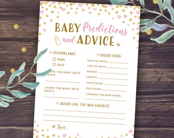 Pink Baby Prediction Cards, and Baby Advice, Pink and Gold Themed Baby Shower Games, Printable PDF, Glitter hearts, Baby Shower Games Girl