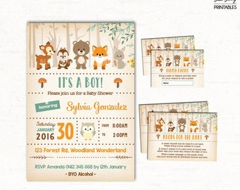3-PIECE-SUITE. Rustic Woodland Baby Shower Invitation. Diaper Raffle. Bring a Book Insert Card. Forest Baby Shower Package. Fox. Deer. WOOD1