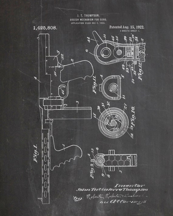 Print Thompson Machine Gun Blueprint Chalkboard Art