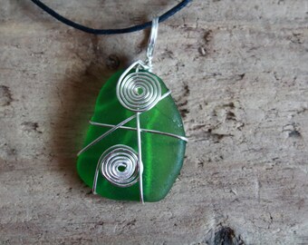 SALE- Irish Sea Glass Wire Wrapped Pendant, Celtic Pendant, Sea Glass Necklace, Irish Gifts, Sea Glass Jewelry, Boho Pendant, Vegan Jewelry