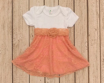 Baby Girl Dresses, Newborn Dress, Baby Wedding Outfit, First Birthday Dress, Peach Baby Dress, Lace Infant Dress, Infant Flower Girl Dress