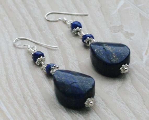 Afghan Lapis Earrings, Sterling Silver Parts, Christmas Gift, Blue Earrings, Valentine's Gift, Mother Gift, Diamond Cut Raw Lapis Lazuli