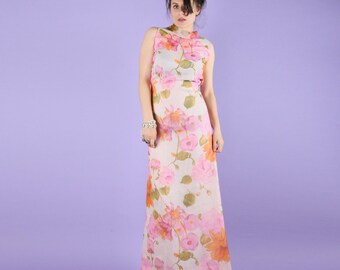Pink Floral 60s Maxi Gown Dress