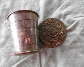 Vintage Collapsible Cup 1800's pat date Ornate Flower Design Collectible Silver Plate