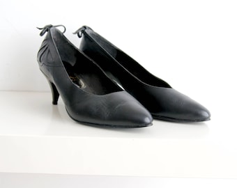 Vintage Black Leather Shoes Black Bally Shoes Pointed Toe Shoes Black Pumps Heeled Shoes 80s 39 Size Shoes Women's Vintage Shoes Size 6.5
