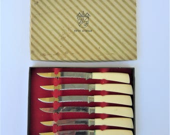 Vintage Fifth Avenue Forgecraft Stainless Steak and Bakelite Knive Set with Original Box - Set of 6