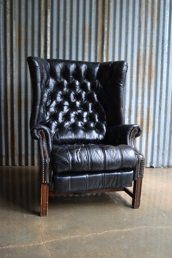 Items similar to Vintage Black Tufted Leather Reclining Wingback