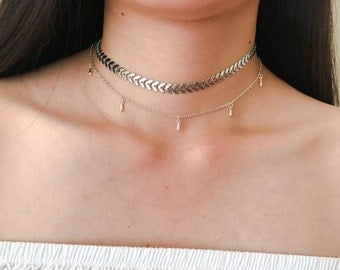 Pendulum Silver Dainty Drop Choker, Dainty Teardrop Satellite Beaded Chain Necklace, Layering Necklace, Boho Jewelry, Delicate Silver Choker