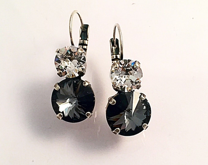 Glamorous Swarovski® crystal Silver Night and Clear Crystal Dangle Drop Earring with Lever backs.