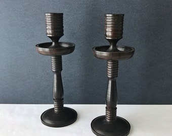 Dark Wood Candlestick Holders - Pair of Candlesticks with Catch Tray / Handmade Vintage Wood Decor - Set of 2