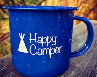 Happy Camper Mug, Custom Enamel Mug, Custom Enamel Cup, Enamel mug, Camping Mug, Camping Cup, Personalized Cup, Personalized Mug