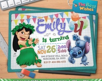 Lilo & Stitch Invitation, Lilo and Stitch Birthday Party, Disney, Personalized, Printable, Ballpoint Pen Drawing On Grid Paper, Digital File