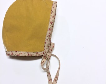 Baby Bonnet, Mustard Baby Bonnet, Floral Bonnet, Reversible Bonnet, Linen Bonnet, Brimmed Bonnet, Brimless Bonnet, Sun Bonnet